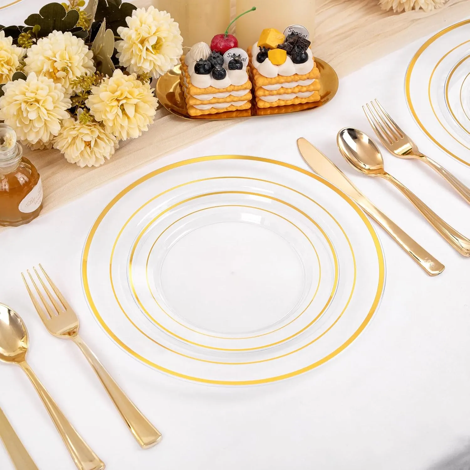200 Pcs Clear Gold Plastic Plates - Disposable Party Plates, Gold Plates Disposable Include 100 Dinner Plates and 100 Dessert Plates, Plastic Plates for Party, Holiday, Wedding & Birthday