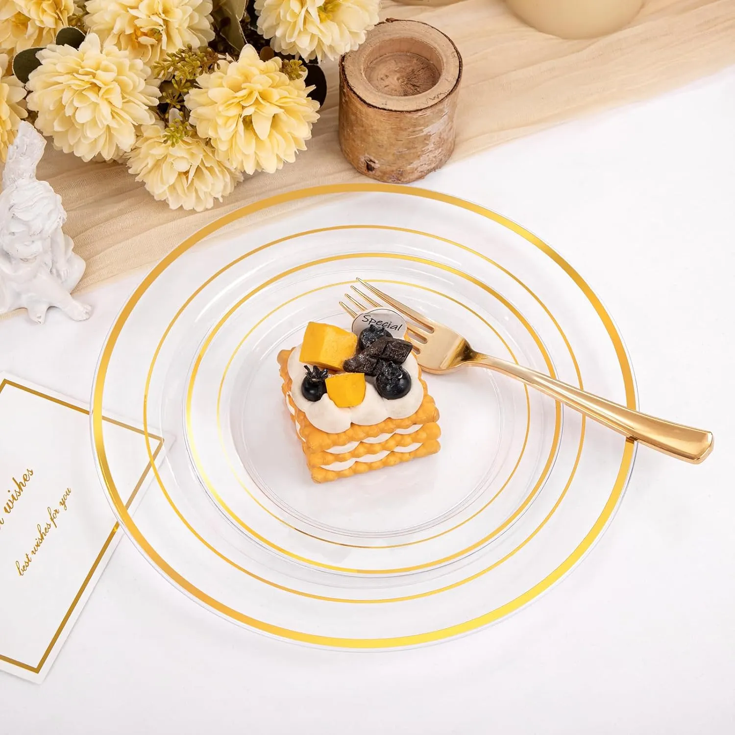 200 Pcs Clear Gold Plastic Plates - Disposable Party Plates, Gold Plates Disposable Include 100 Dinner Plates and 100 Dessert Plates, Plastic Plates for Party, Holiday, Wedding & Birthday