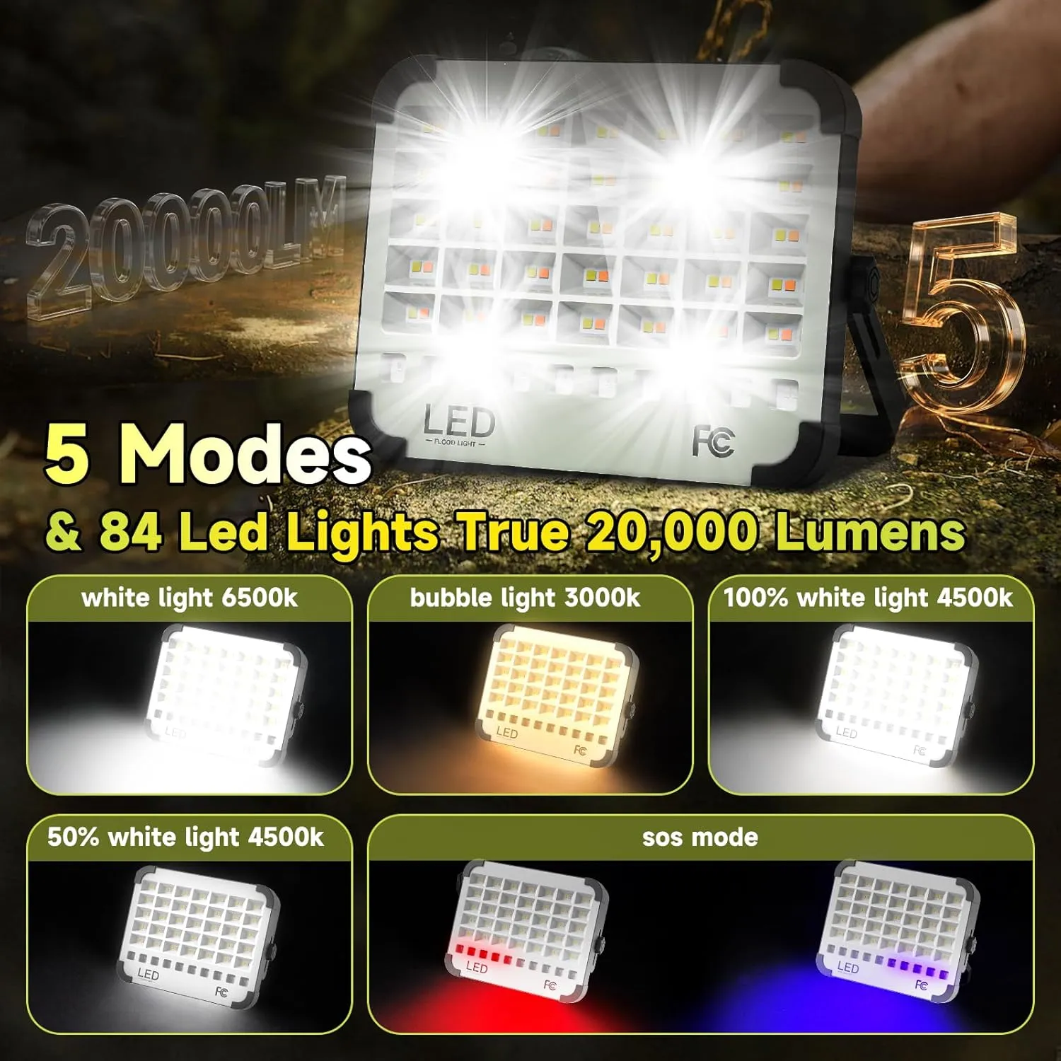 200W LED Solar Work Light, Sinear 20000LM Magnetic Portable Light, 20000mAh Rechargeable with 5 Modes, IP66 Waterproof for Outdoor Camping, Car Repair, Building, Workshop, Garage, Emergency