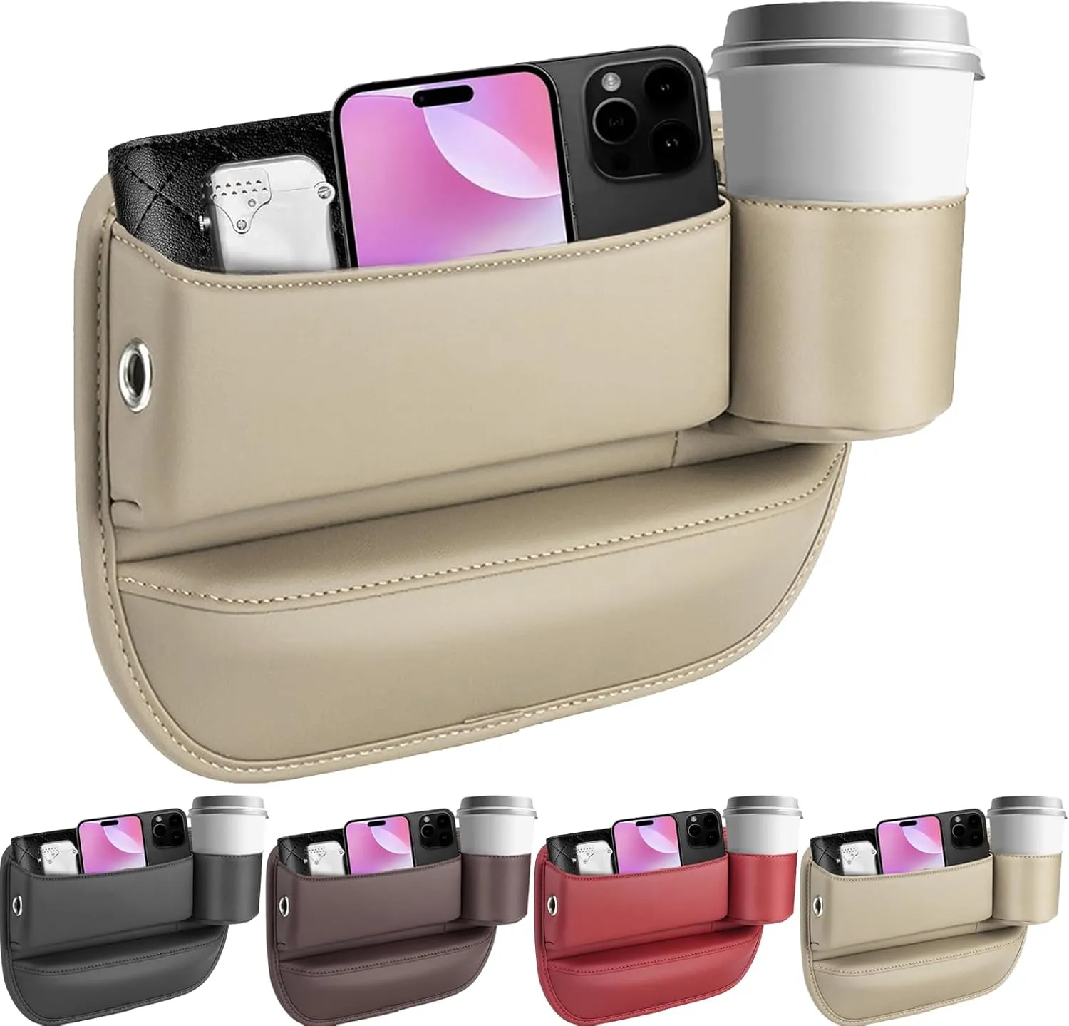2025 Car Leather Cup Holder Gap Bag, Seat Gap Storage Box, Adjustable Car Seat Storage Box, Car Seat Gap Organizerwith Cup Holder, for Glasses Phones Keys and Cards