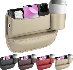 2025 Car Leather Cup Holder Gap Bag, Seat Gap Storage Box, Adjustable Car Seat Storage Box, Car Seat Gap Organizerwith Cup Holder, for Glasses Phones Keys and Cards