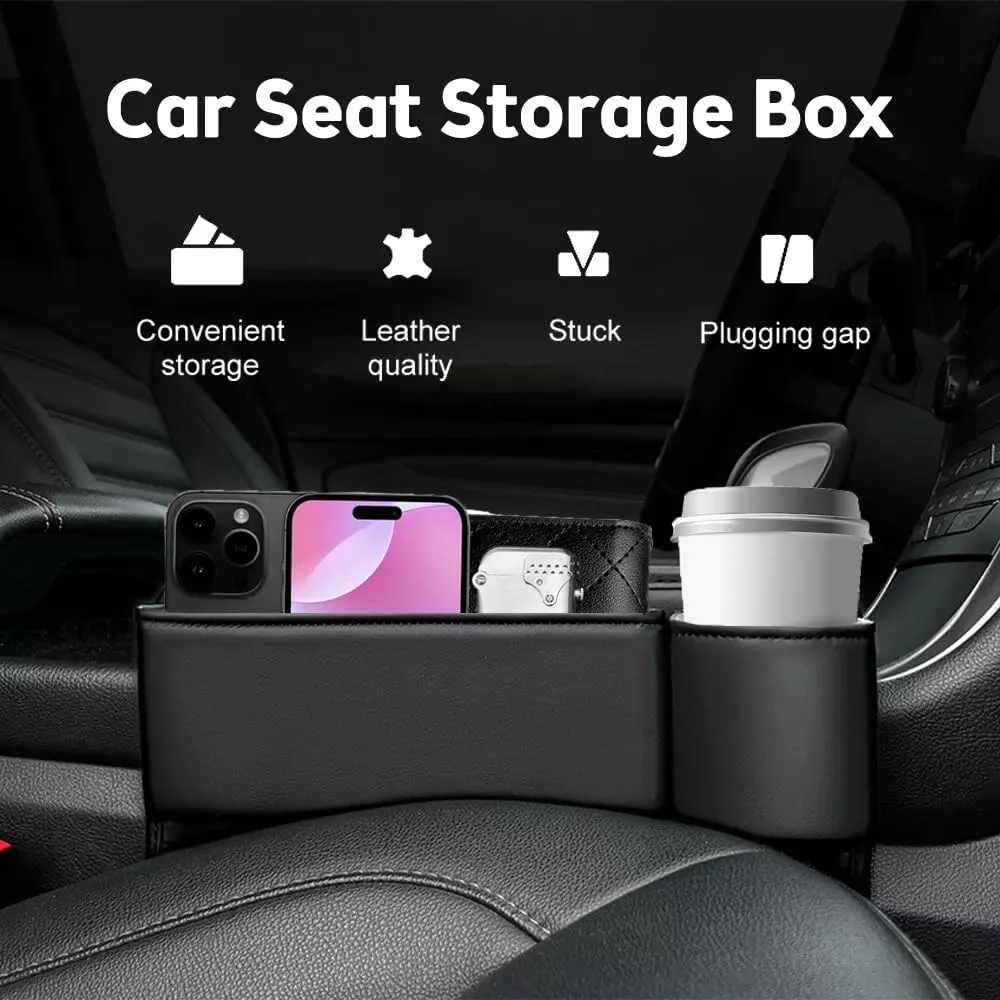 2025 Car Leather Cup Holder Gap Bag, Seat Gap Storage Box, Adjustable Car Seat Storage Box, Car Seat Gap Organizerwith Cup Holder, for Glasses Phones Keys and Cards