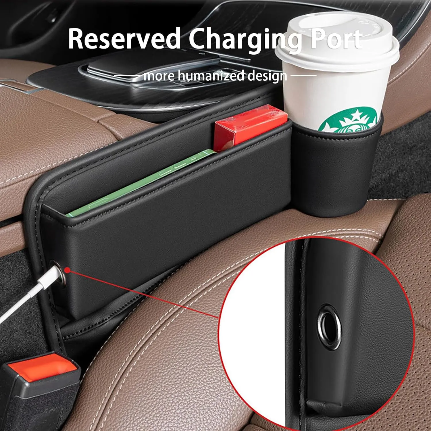 2025 Car Leather Cup Holder Gap Bag, Seat Gap Storage Box, Adjustable Car Seat Storage Box, Car Seat Gap Organizerwith Cup Holder, for Glasses Phones Keys and Cards