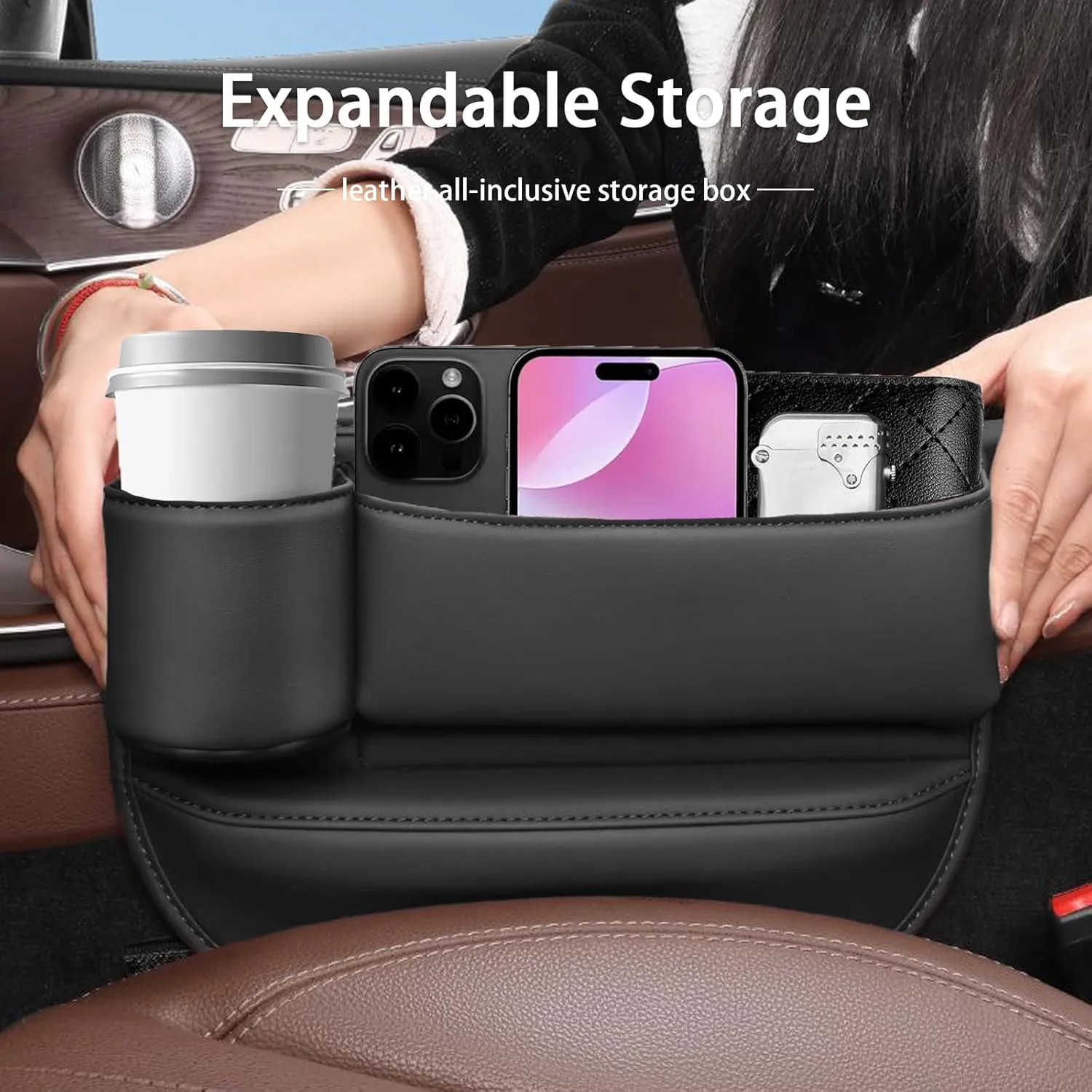 2025 Car Leather Cup Holder Gap Bag, Seat Gap Storage Box, Adjustable Car Seat Storage Box, Car Seat Gap Organizerwith Cup Holder, for Glasses Phones Keys and Cards