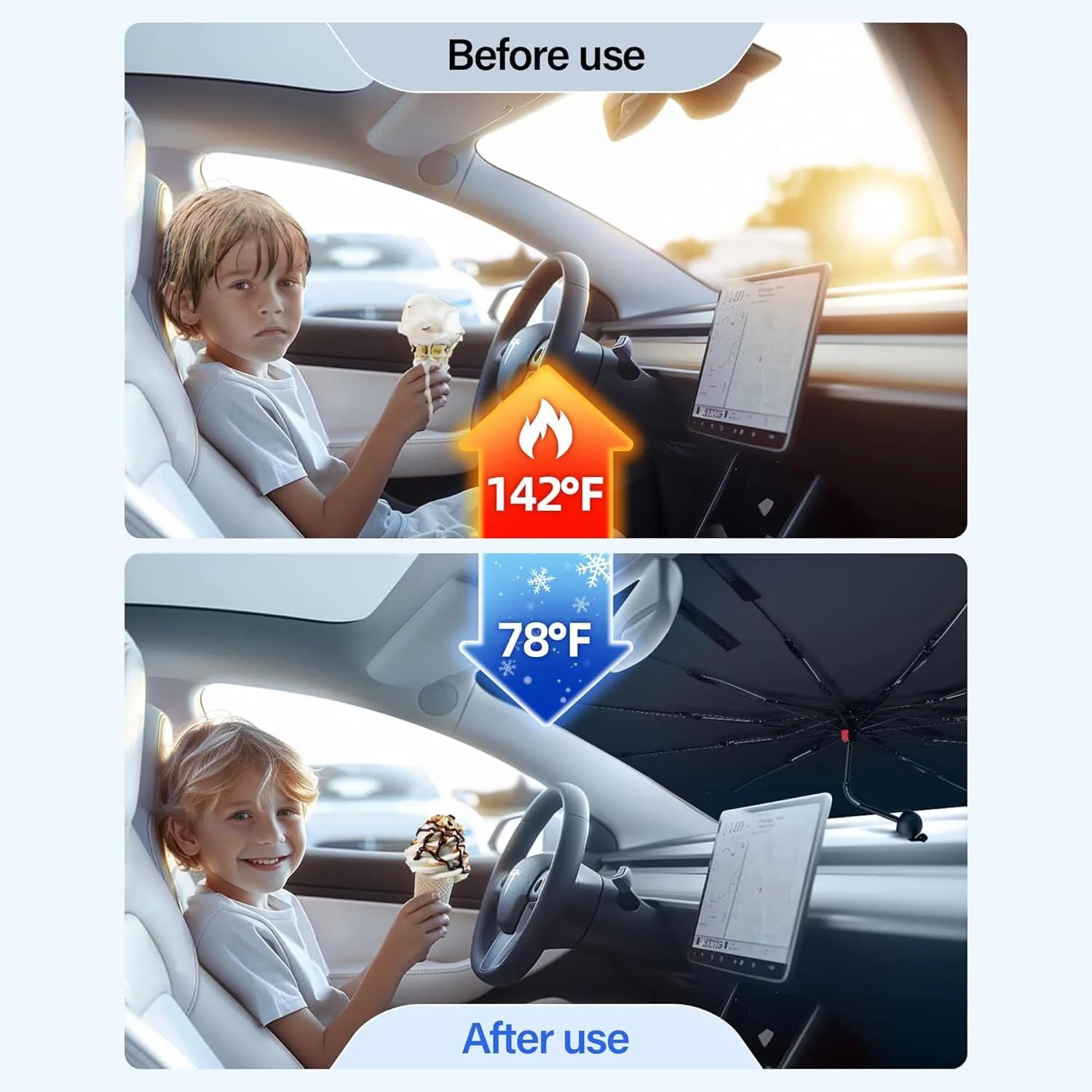 [2025 Upgrade] Windshield Sun Shade Umbrella, Foldable Car Sun Shade with Vinyl Coating Heat Shield UV Ray Reflector Keeps Cool and Protect Interior, for Auto Trucks Sedan SUV (61" x 31")