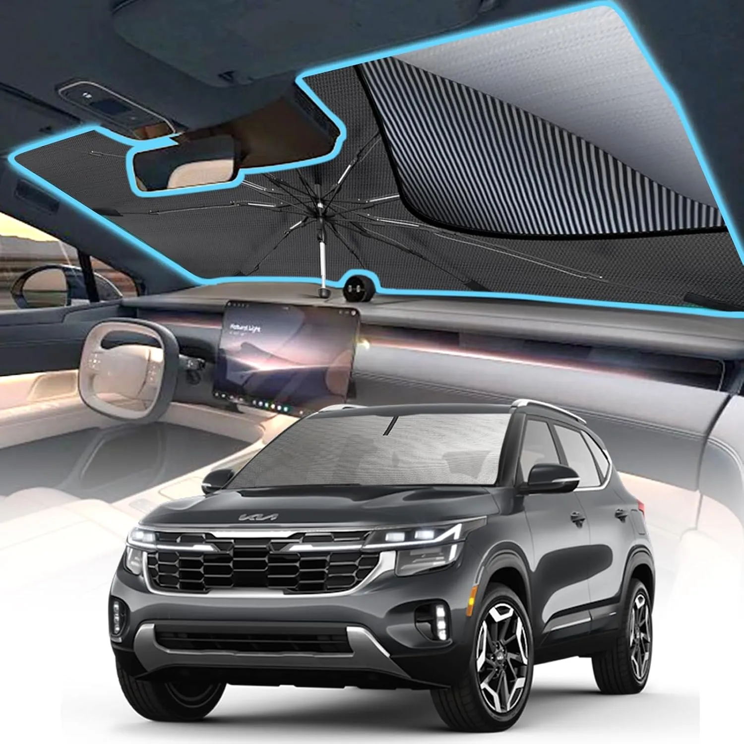 [2025 Upgrade] Windshield Sun Shade Umbrella, Foldable Car Sun Shade with Vinyl Coating Heat Shield UV Ray Reflector Keeps Cool and Protect Interior, for Auto Trucks Sedan SUV (61" x 31")