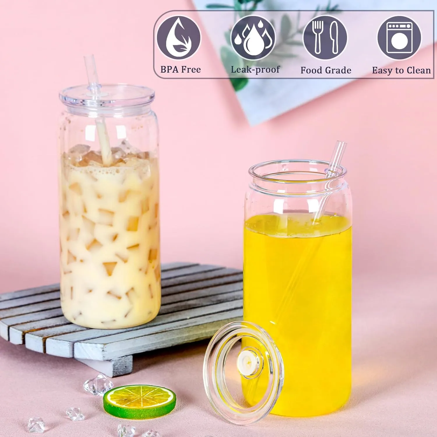 20oz Plastic Beer Can Tumbler, Acrylic Can Cup with Clear Lids, Straw, Clear Mason Drinking Jars Cups for Milk Juice Beer Coffee Tea Beverage