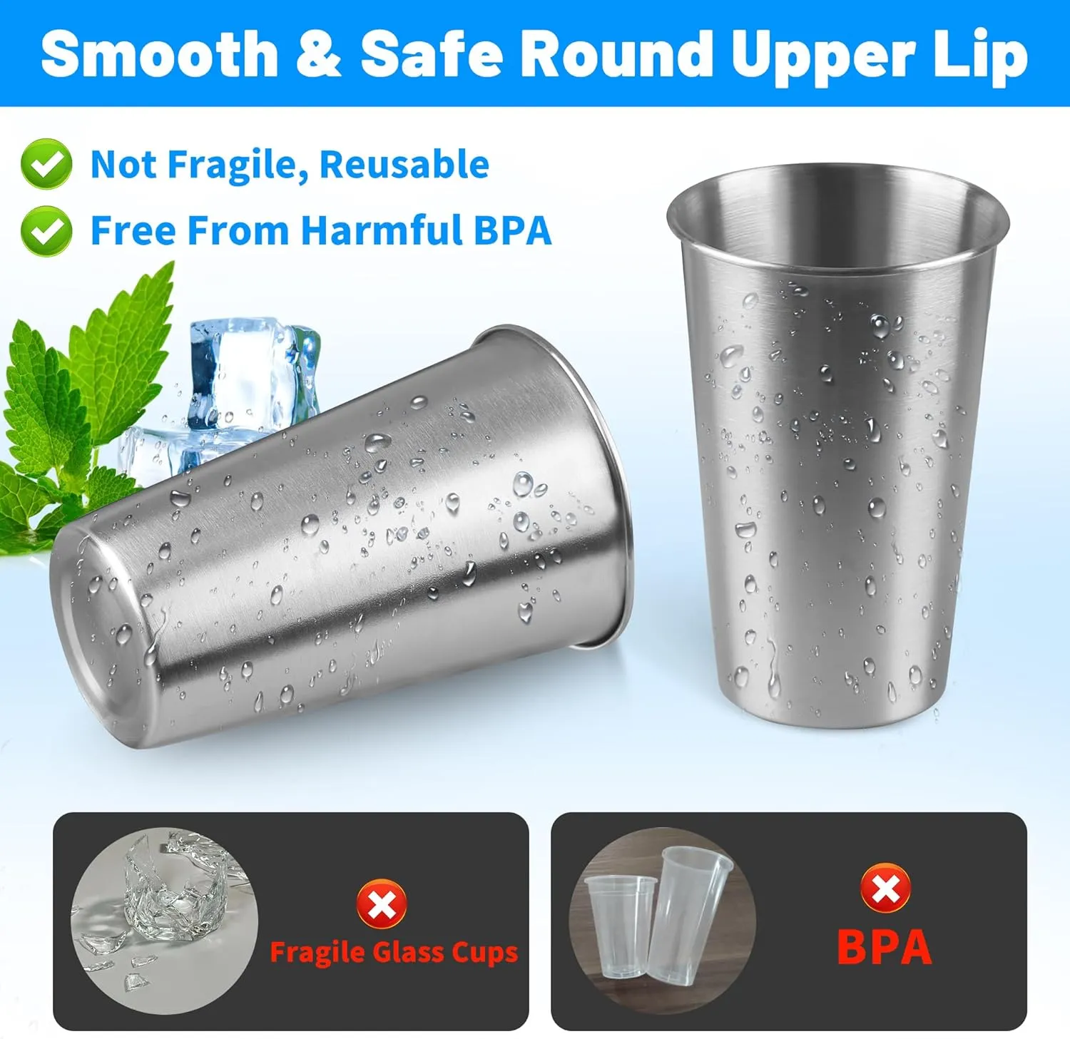 20Pack 16 oz Stainless Steel Pint Cups,Stainless Steel Cup,Pint Cup Tumbler，water Tumbler,Stackable,Reusable,BPA Free, (20)