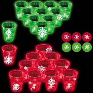22Pcs Christmas Glowing Pong Set Party Game Light Up Pong Cups for Christmas Party with 6 Snowflake Balls, 20 Decoration Plastic Snowflakes, Red&Green