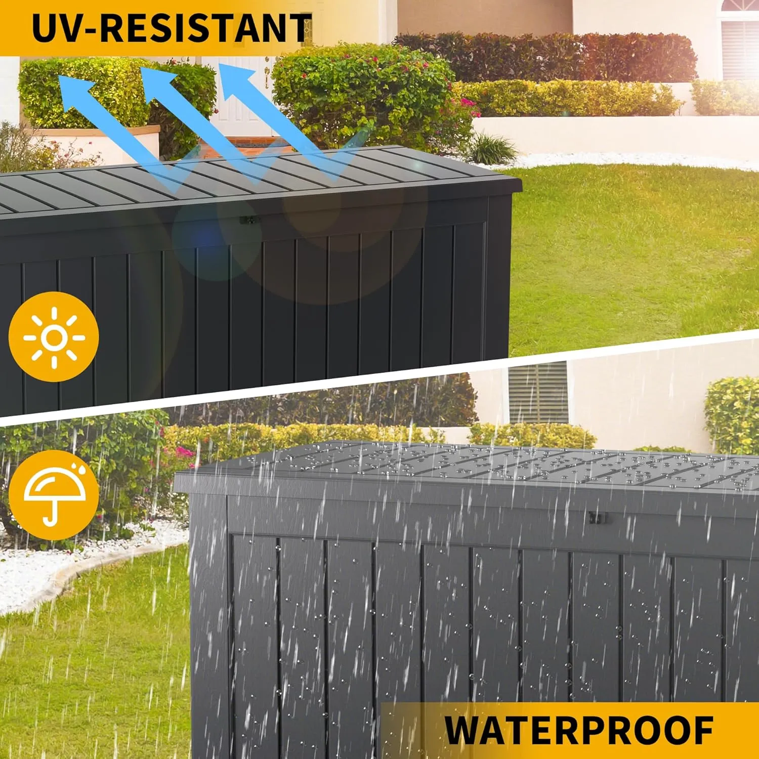 230 Gallon Resin Deck Box, Waterproof Outdoor Storage Box, Lockable for Patio Furniture, Garden Tools, Pool Accessories, UV-Resistant for All Weather Use, Black