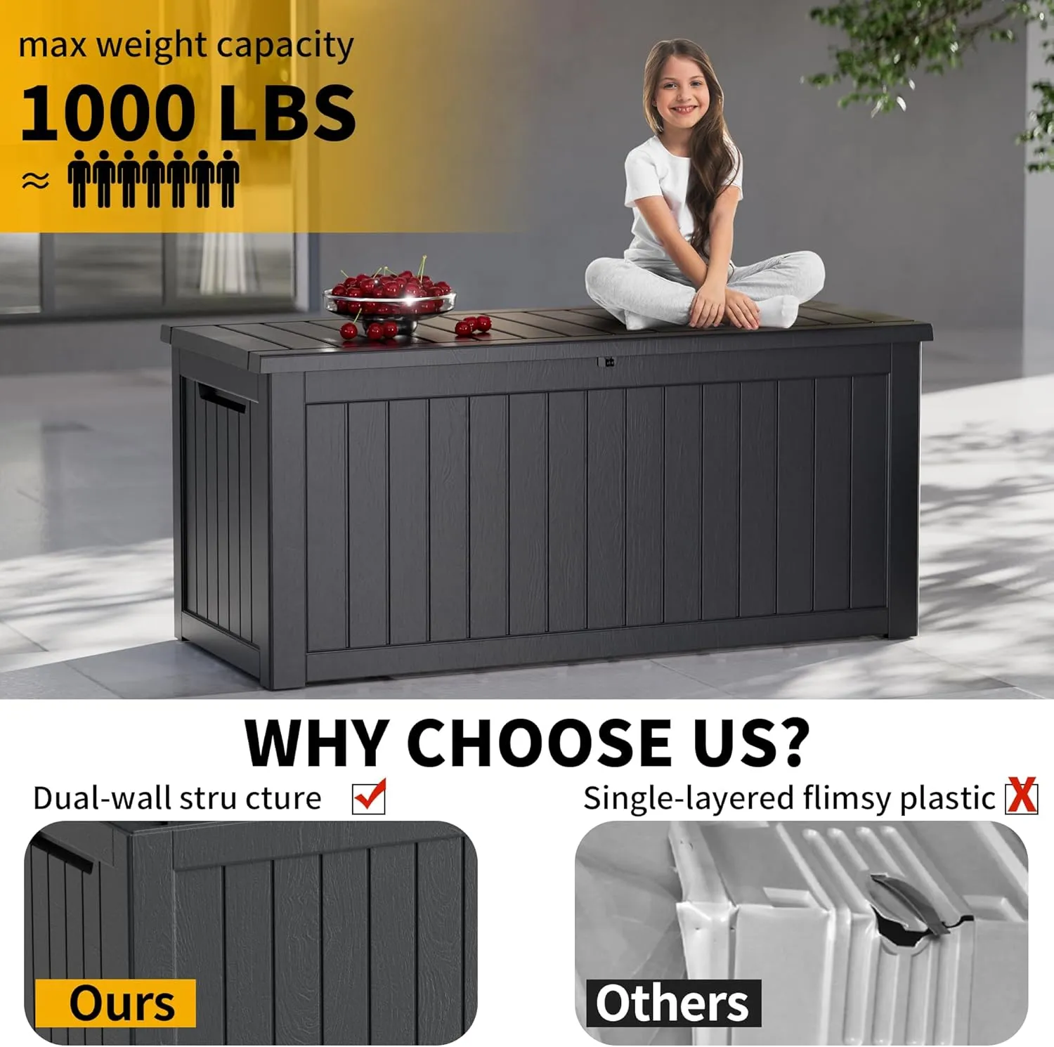 230 Gallon Resin Deck Box, Waterproof Outdoor Storage Box, Lockable for Patio Furniture, Garden Tools, Pool Accessories, UV-Resistant for All Weather Use, Black