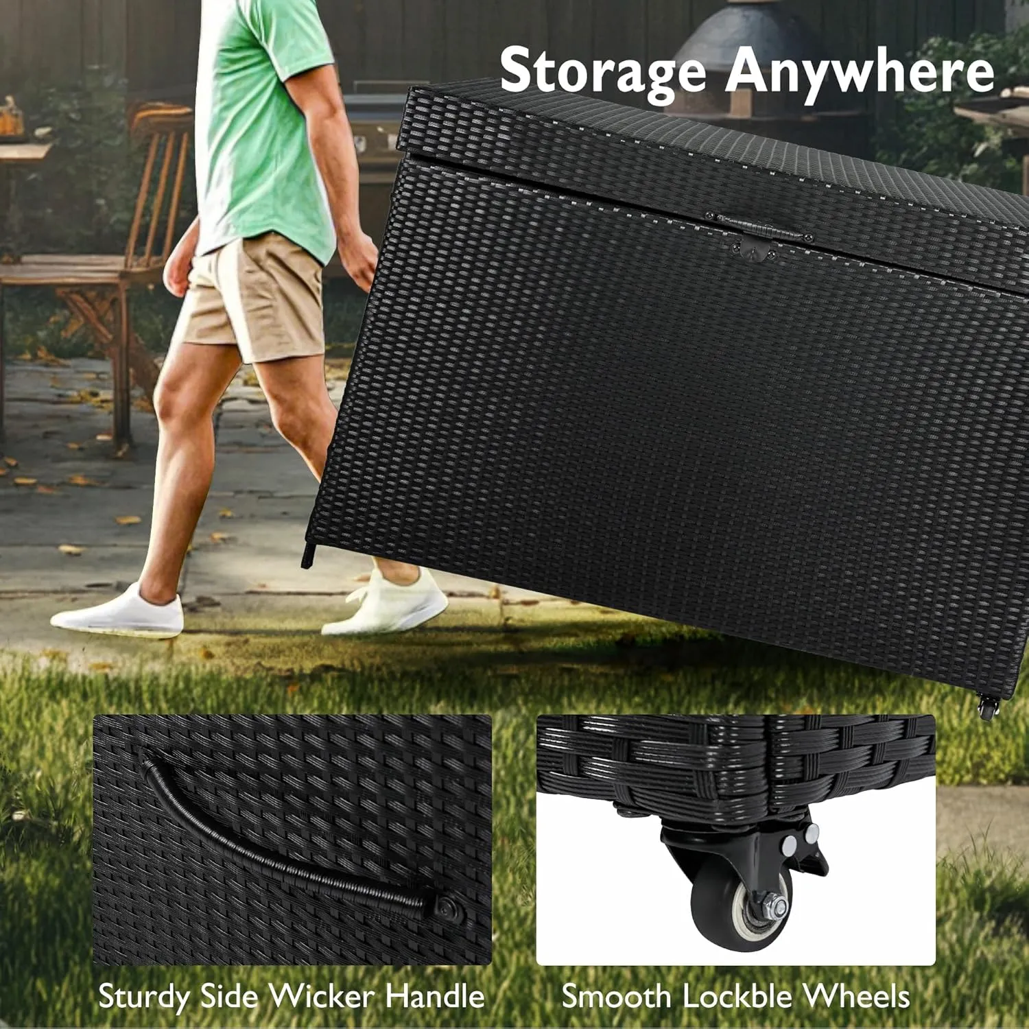 230 Gallon Resin Deck Box, Waterproof Outdoor Storage Box with Wheels, Lockable Lid and Handles, Large Deck Storage Boxes for Outdoor Gear, Patio Furniture Cushion, Gardening Tools, Black