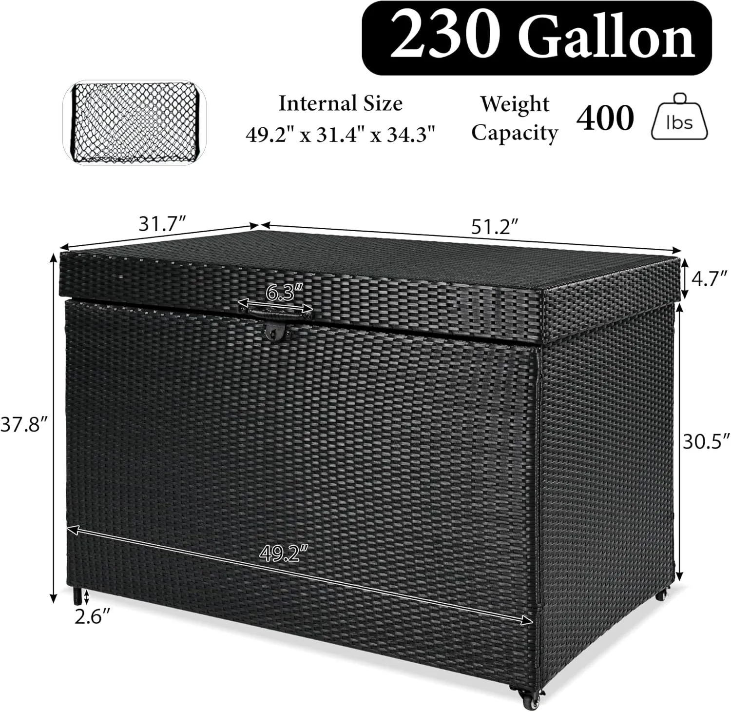 230 Gallon Resin Deck Box, Waterproof Outdoor Storage Box with Wheels, Lockable Lid and Handles, Large Deck Storage Boxes for Outdoor Gear, Patio Furniture Cushion, Gardening Tools, Black