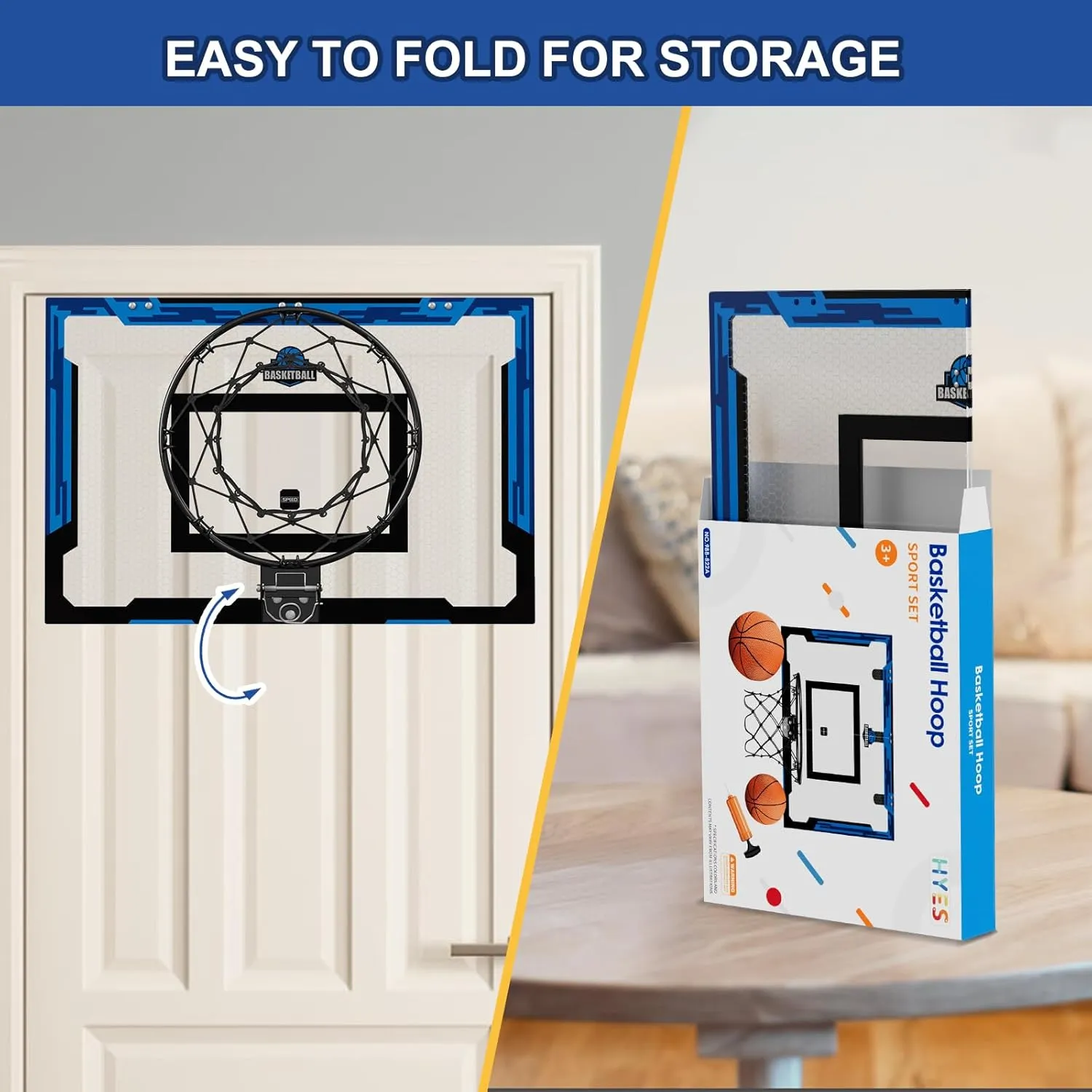 24" x 16" Large Basketball Hoop Indoor for Adults, Over The Door Basketball Hoop with Sturdy Backboard, Big Basketball Toys Gifts Ideas for Man Kids Teens Boys Girls, Blue