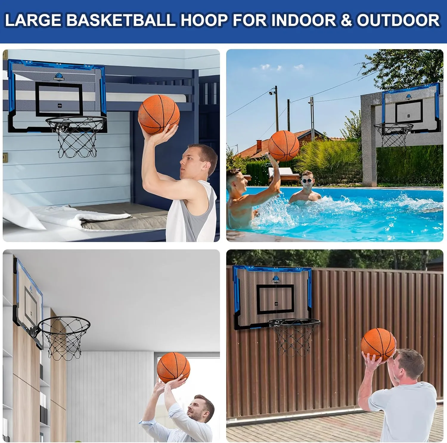 24" x 16" Large Basketball Hoop Indoor for Adults, Over The Door Basketball Hoop with Sturdy Backboard, Big Basketball Toys Gifts Ideas for Man Kids Teens Boys Girls, Blue