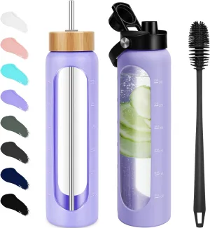25 oz Glass Water Bottles - Motivational Tumbler With Time Marker - Borosilicate Glass With Silicone Sleeve and 2 Lids, Handle Spout & Bamboo Straw Lid (Purple)
