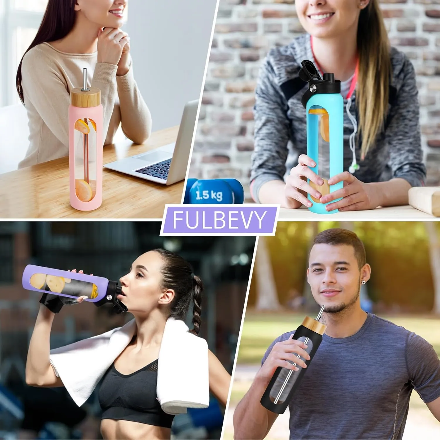 25 oz Glass Water Bottles - Motivational Tumbler With Time Marker - Borosilicate Glass With Silicone Sleeve and 2 Lids, Handle Spout & Bamboo Straw Lid (Purple)