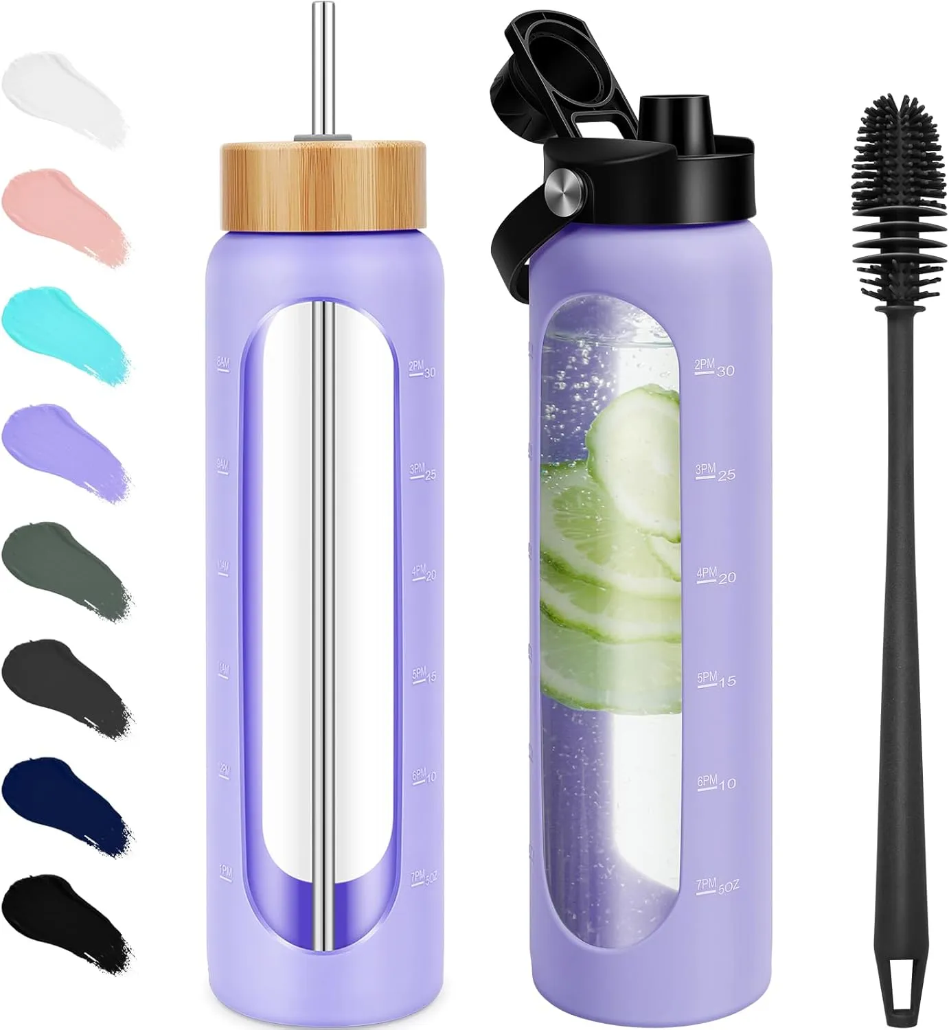 25 oz Glass Water Bottles - Motivational Tumbler With Time Marker - Borosilicate Glass With Silicone Sleeve and 2 Lids, Handle Spout & Bamboo Straw Lid (Purple)