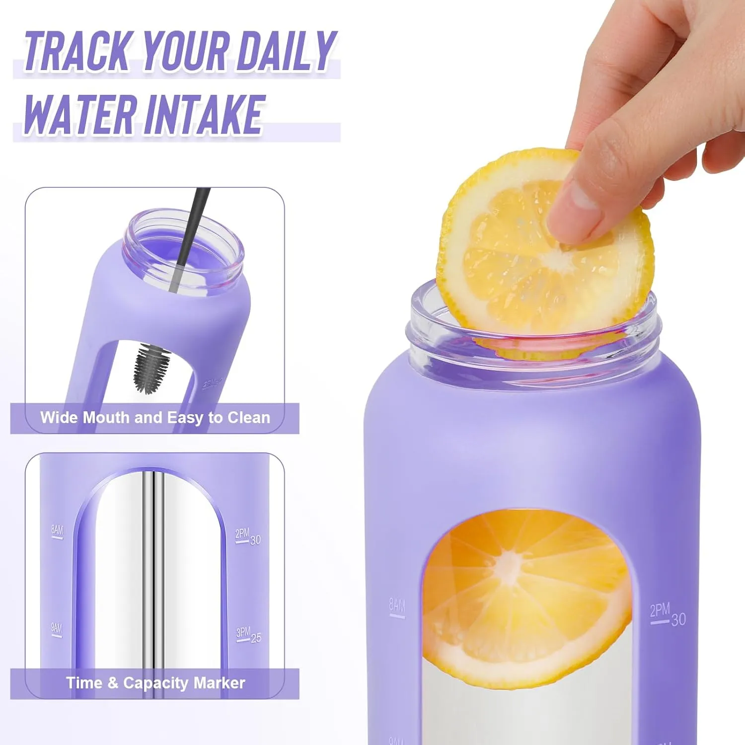 25 oz Glass Water Bottles - Motivational Tumbler With Time Marker - Borosilicate Glass With Silicone Sleeve and 2 Lids, Handle Spout & Bamboo Straw Lid (Purple)