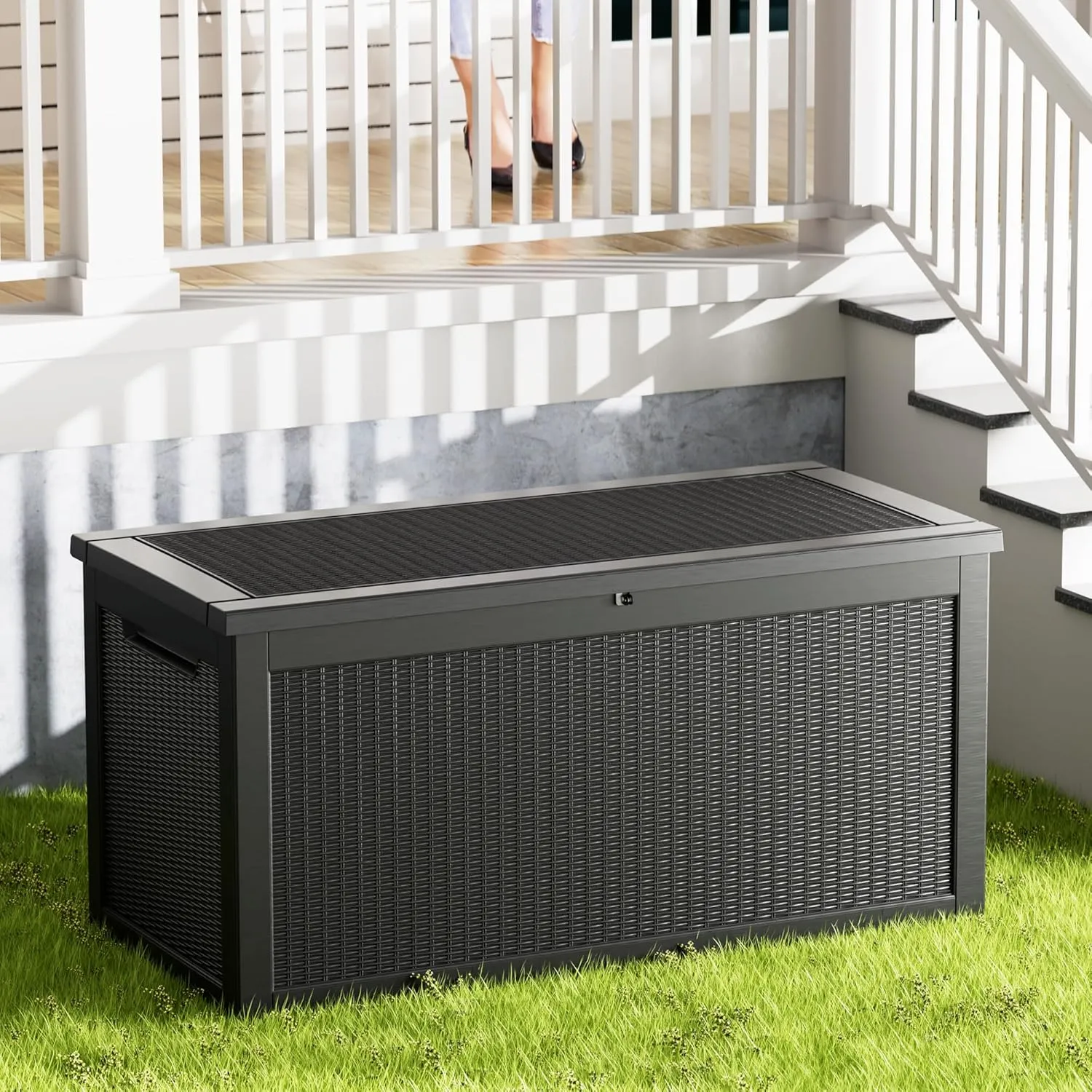 260 Gallon Lockable Resin Deck Box, Waterproof Outdoor Storage Box for Patio Furniture, Garden Tools, Pool Accessories, UV-Resistant Outside Delivery Black