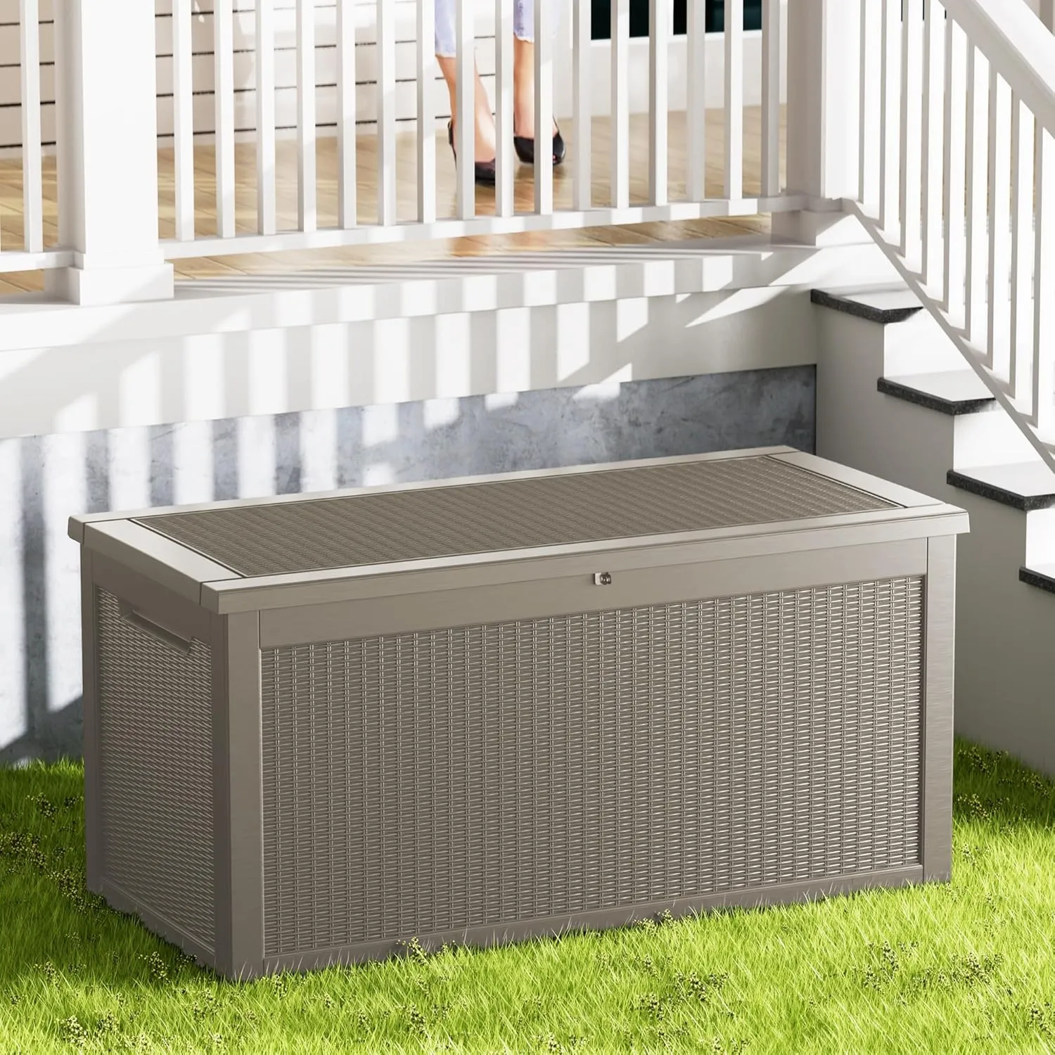 260 Gallon Lockable Resin Deck Box, Waterproof Outdoor Storage Box for Patio Furniture, Garden Tools, Pool Accessories, UV-Resistant Outside Delivery Grey