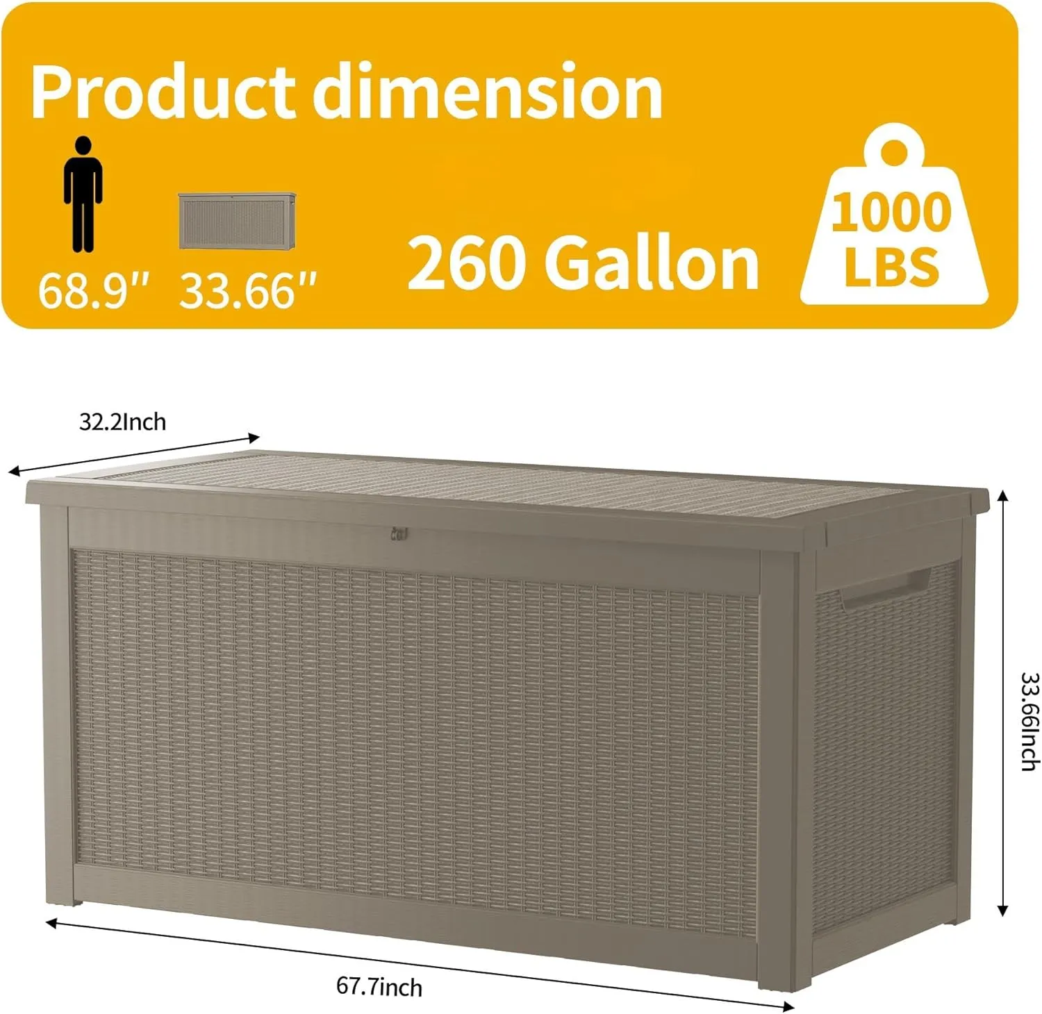 260 Gallon Lockable Resin Deck Box, Waterproof Outdoor Storage Box for Patio Furniture, Garden Tools, Pool Accessories, UV-Resistant Outside Delivery Grey