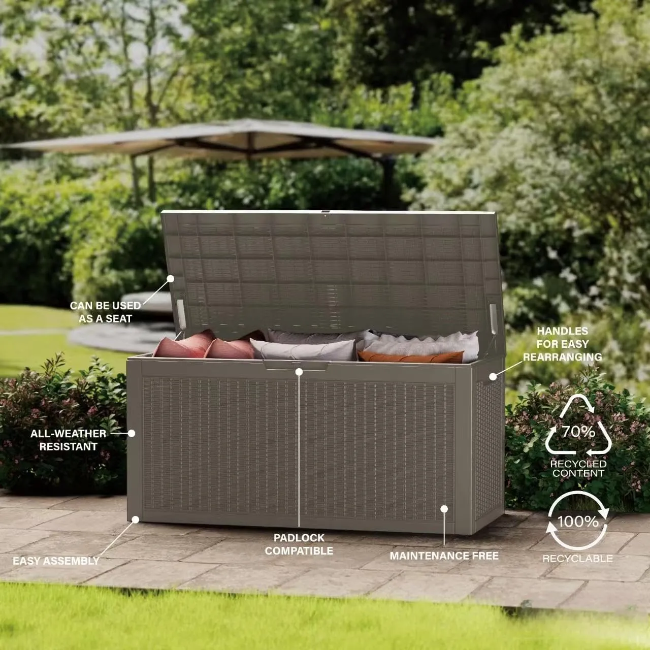260 Gallon Lockable Resin Deck Box, Waterproof Outdoor Storage Box for Patio Furniture, Garden Tools, Pool Accessories, UV-Resistant Outside Delivery Grey