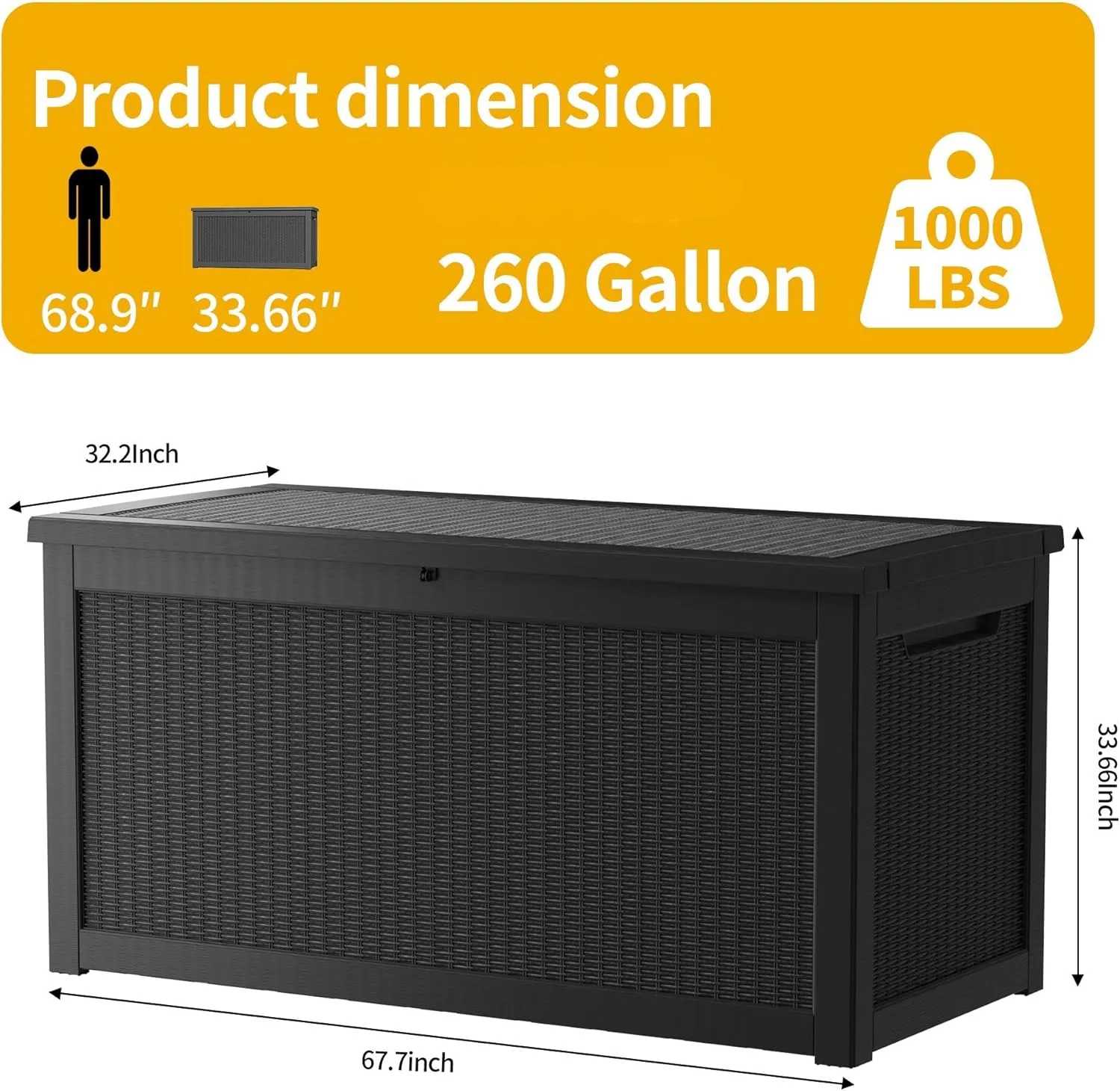 260 Gallon Resin Deck Box, Waterproof Outdoor Storage Box, Lockable for Patio Furniture, Garden Tools, Pool Accessories, UV-Resistant for All Weather Use, Black