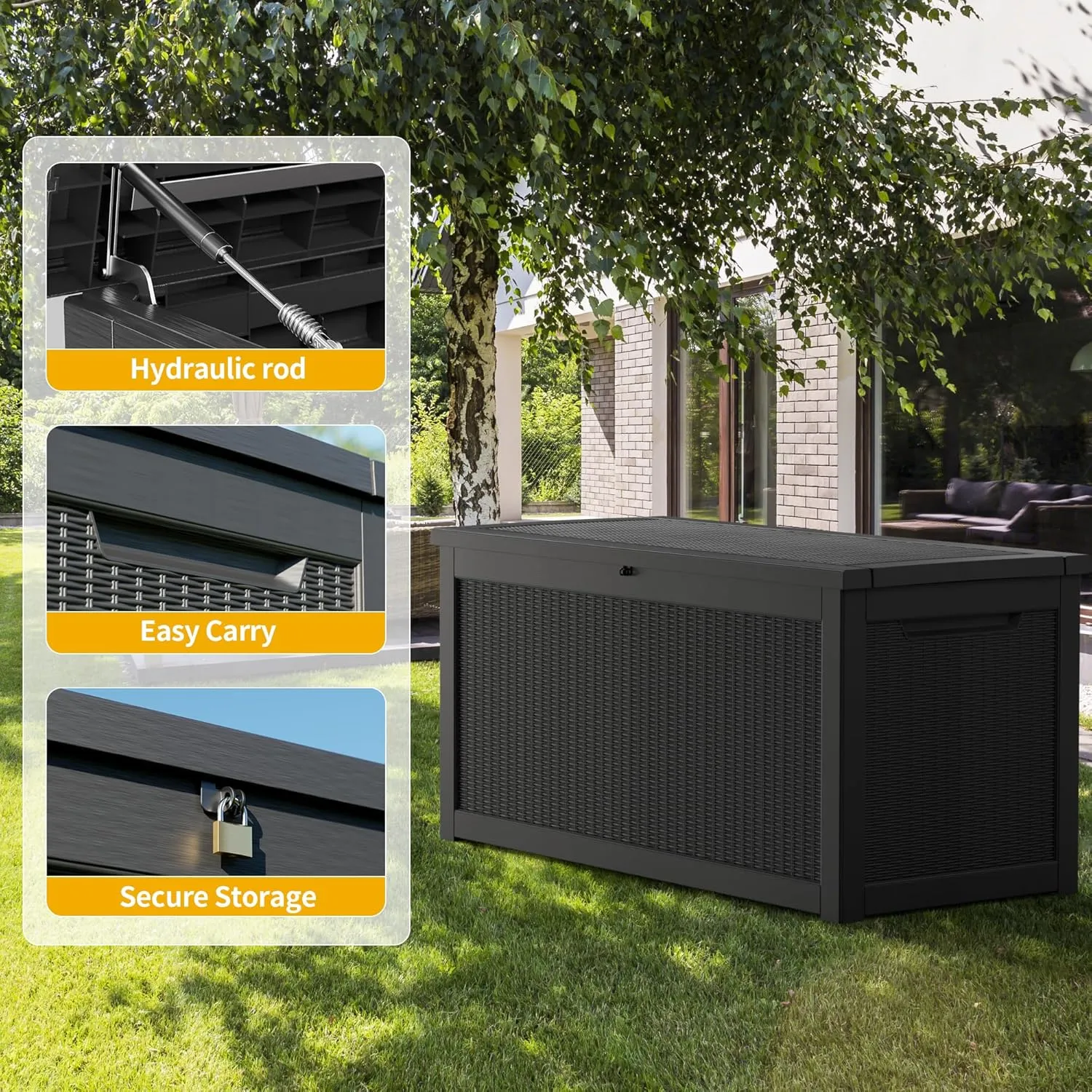 260 Gallon Resin Deck Box, Waterproof Outdoor Storage Box, Lockable for Patio Furniture, Garden Tools, Pool Accessories, UV-Resistant for All Weather Use, Black