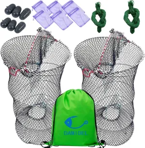 2Pcs 24in x 13in Folded Fishing Bait Trap, Half Opening Degin,0.16in Skeleton/15strands Nylon Traps Strong Foldable Nets for Fish/Crab/Shrimp/Crawdad, Bait Bag/Box/Rope/Storage Bag