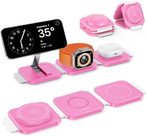 3 in 1 Charging Station for Multiple Devices - Travel Magnetic Charging Pad for iPhone 16/15/14/13/12 Series - Foldable Wireless Charger Dock for iWatch & Airpods 4/3/2 (Pink)