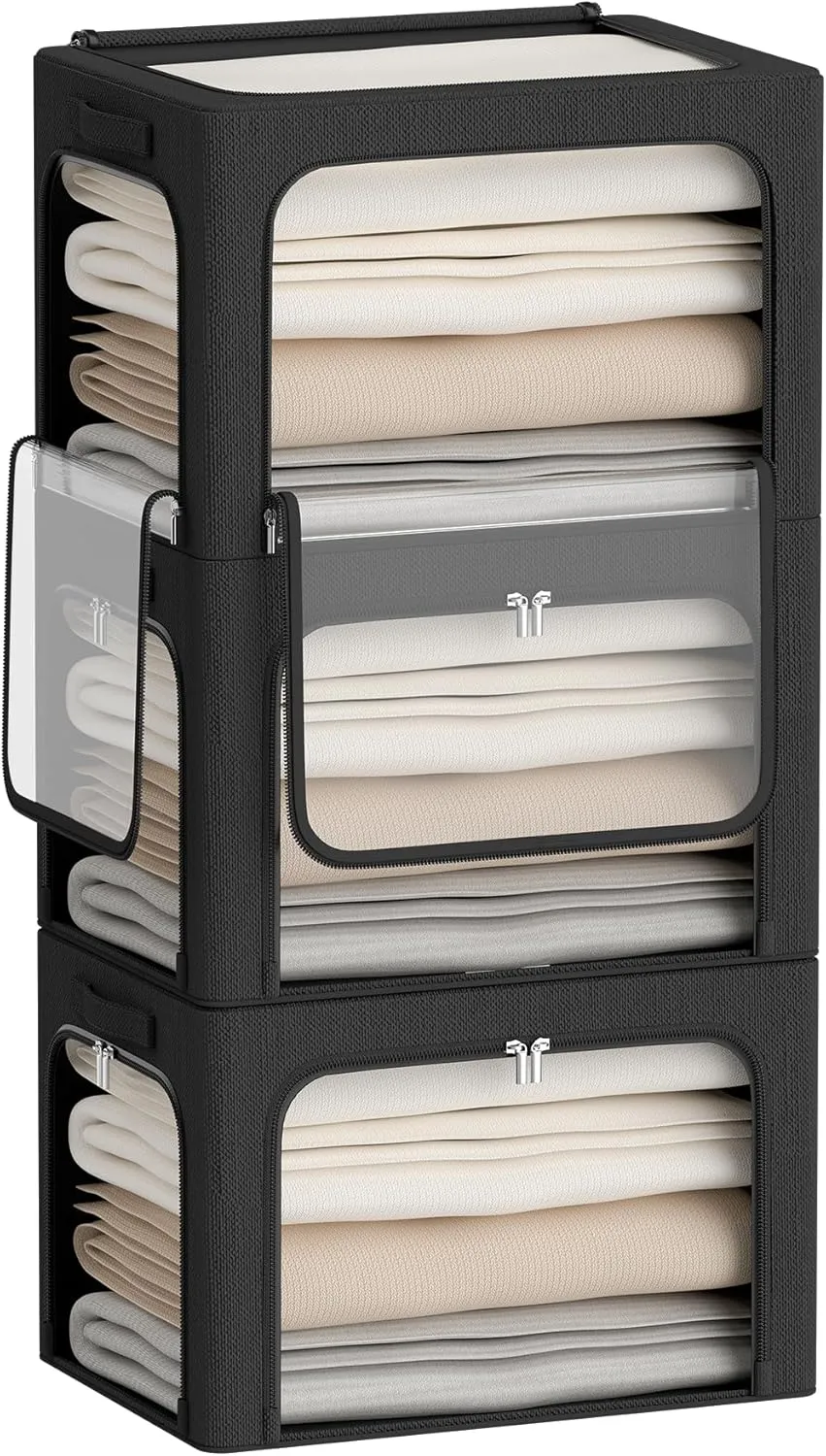 3 Openings Clothes Storage Bins Box - 3Pack Stackable Foldable Bin With Metal Frame - Clothing Organizer With Clear Window, Carry Handles (66L-19.7x15.7x13in, Black)