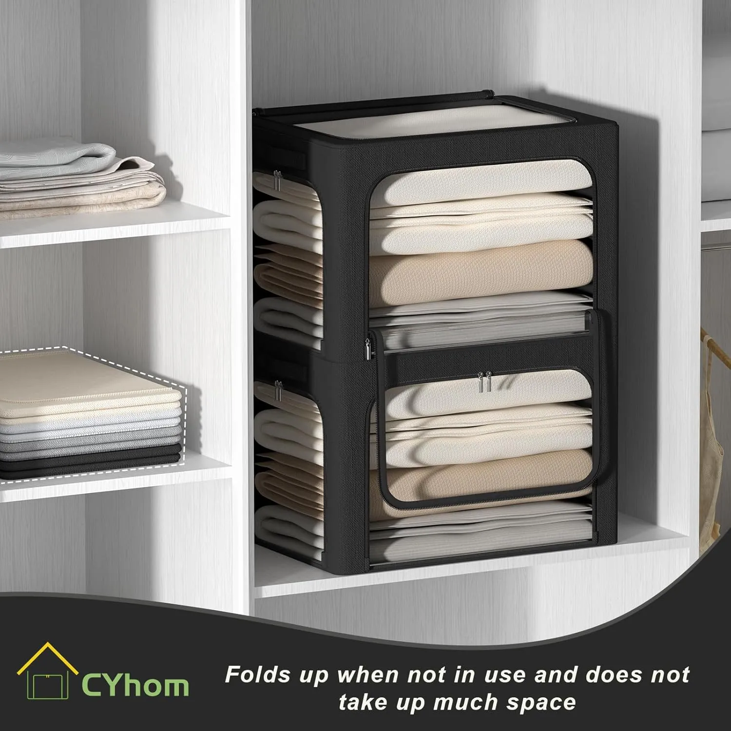 3 Openings Clothes Storage Bins Box - 3Pack Stackable Foldable Bin With Metal Frame - Clothing Organizer With Clear Window, Carry Handles (66L-19.7x15.7x13in, Black)