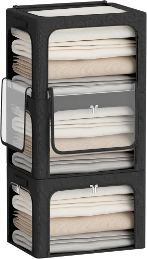 3 Openings Clothes Storage Bins Box - 3Pack Stackable Foldable Bin With Metal Frame - Clothing Organizer With Clear Window, Carry Handles (66L-19.7x15.7x13in, Black)