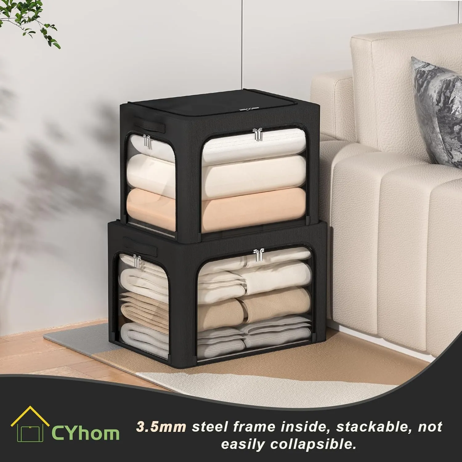 3 Openings Clothes Storage Bins Box - 3Pack Stackable Foldable Bin With Metal Frame - Clothing Organizer With Clear Window, Carry Handles (66L-19.7x15.7x13in, Black)