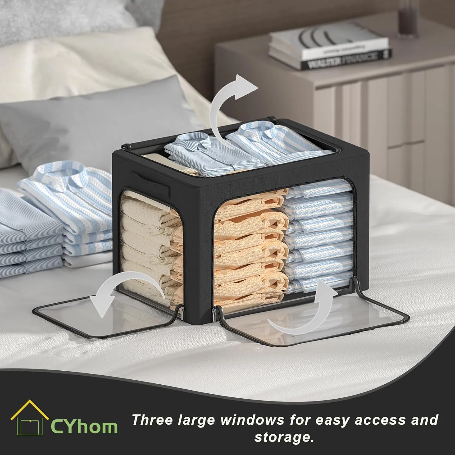 3 Openings Clothes Storage Bins Box - 3Pack Stackable Foldable Bin With Metal Frame - Clothing Organizer With Clear Window, Carry Handles (66L-19.7x15.7x13in, Black)