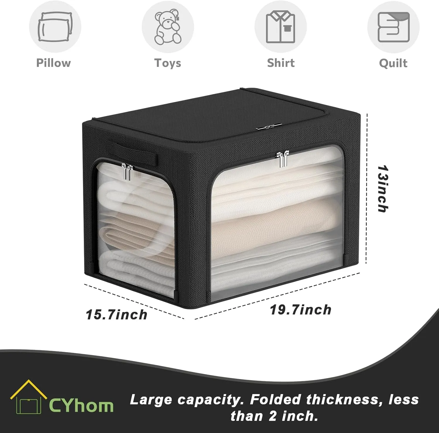 3 Openings Clothes Storage Bins Box - 3Pack Stackable Foldable Bin With Metal Frame - Clothing Organizer With Clear Window, Carry Handles (66L-19.7x15.7x13in, Black)
