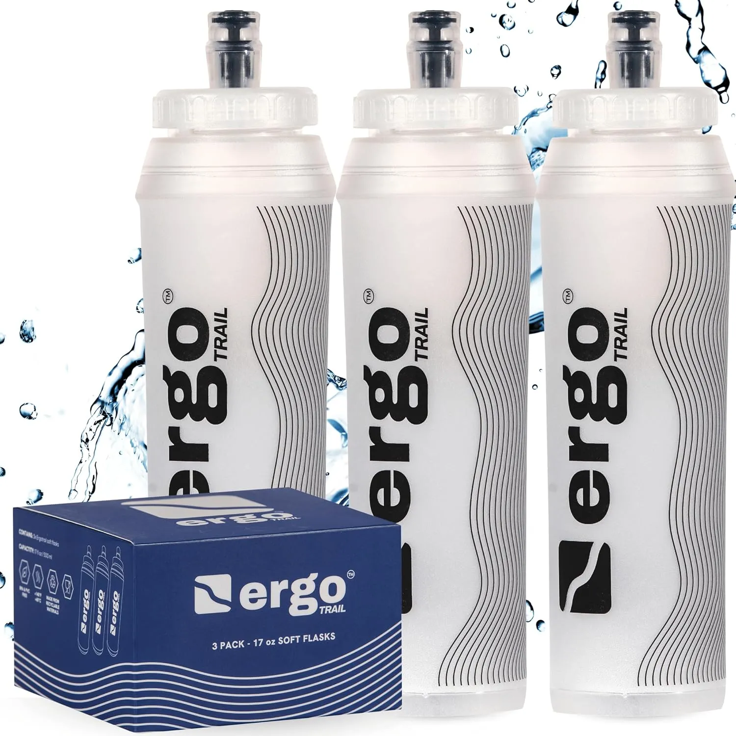 3-Pack Soft Flask Water Bottles 500ml with Bitevalve Top – Soft Hydration Flask for Running Vest, Hiking, and Camping – Leak-Free Soft Water Flasks for Hiking and Endurance Athletes