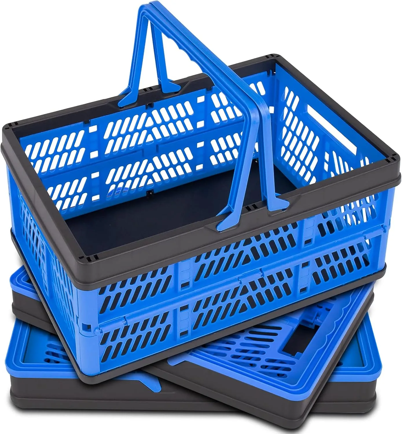 3 Packs 20L Collapsible Shopping Basket With Handle, Collapsible Reusable Plastic Basket, Foldable Storage Crates