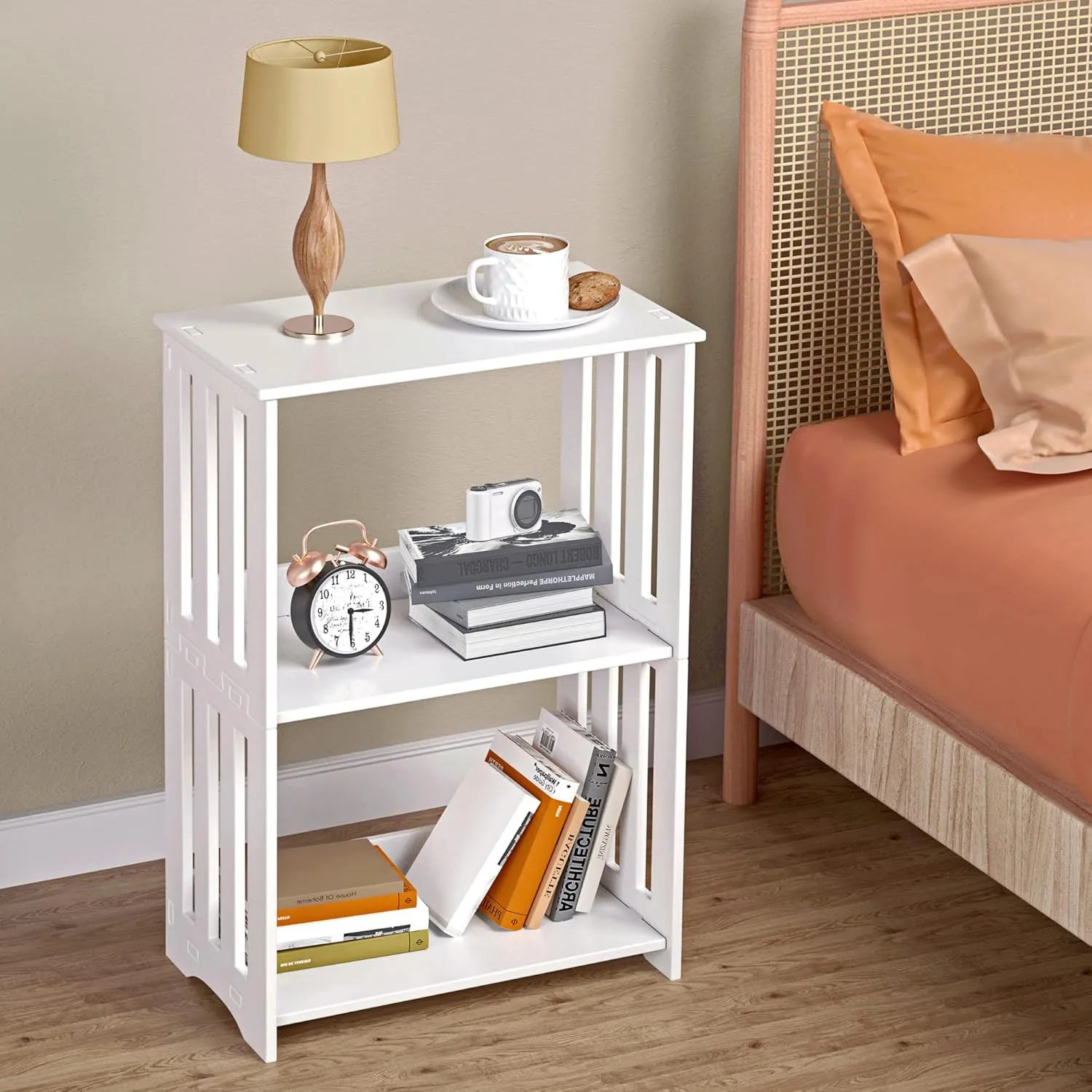 3-Tier End Table Nightstand White, Narrow Side Table with Storage Shelf, Small Bookshelf Bedside Table for Bedroom, Living Room, Office, Bathroom