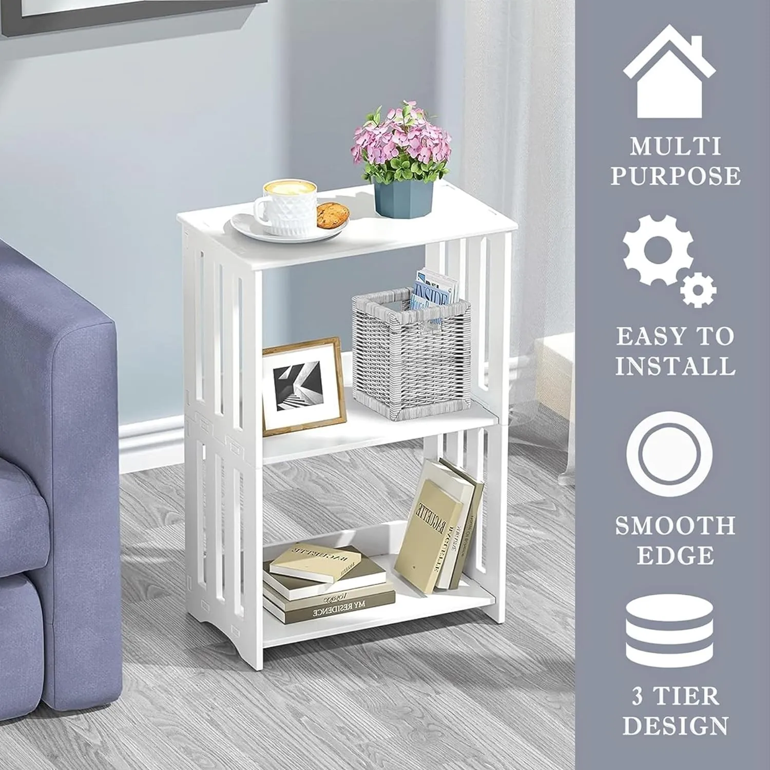3-Tier End Table Nightstand White, Narrow Side Table with Storage Shelf, Small Bookshelf Bedside Table for Bedroom, Living Room, Office, Bathroom