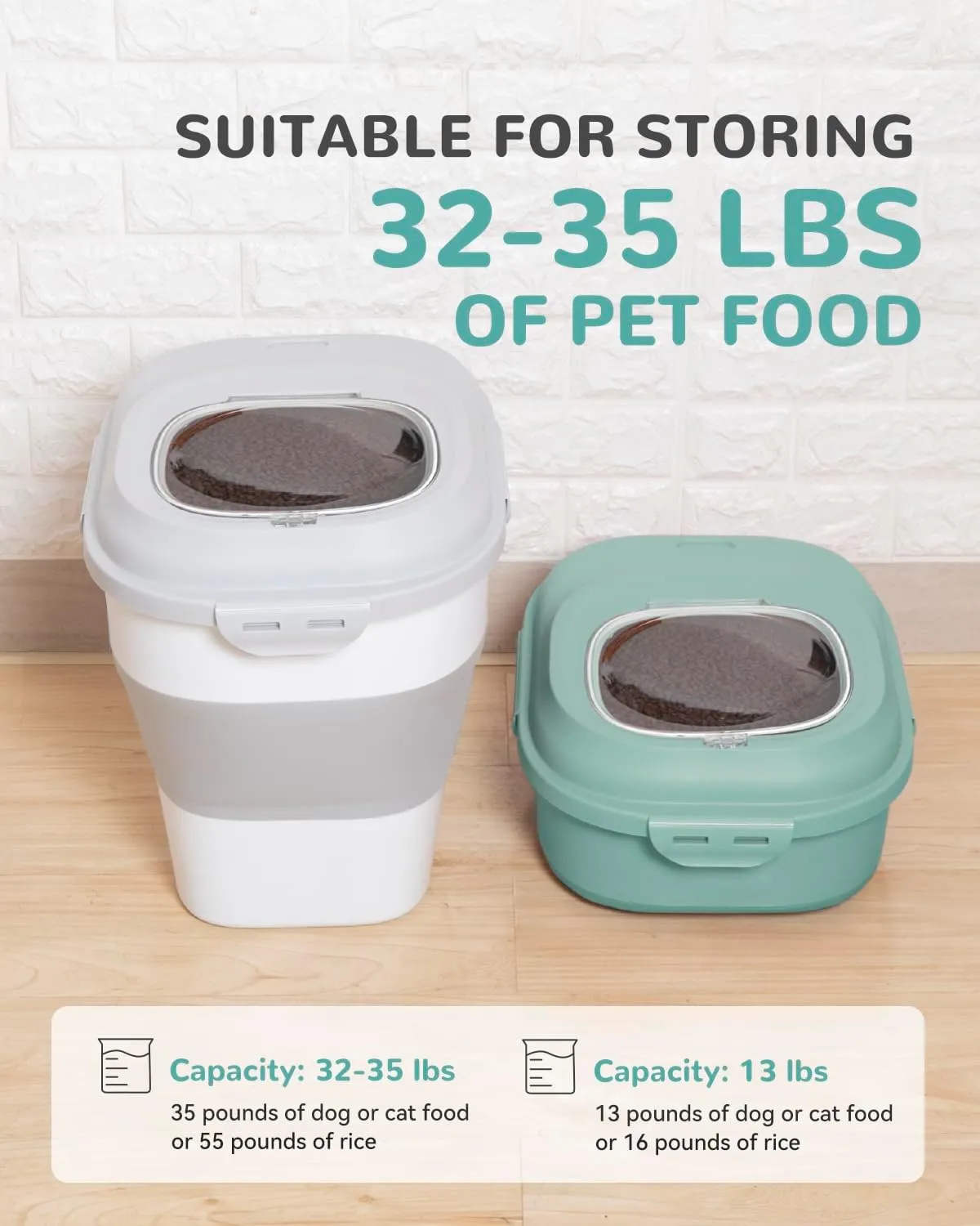 30-35 Lbs Dog Food Storage Container Collapsible Dog Food Container with Airtight Lids, Wheels, Scoop and 2pcs Food Storage Containers, Large Pet food storage for Dog, Cat (Green)