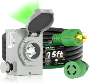 30 Amp Generator Cord 15FT and Power Inlet Box, Pre-Drilled 30 Amp Generator Inlet Box with Cord, NEMA L14-30P to L14-30R Generator Cord Waterproof Combo Kit, ETL Listed
