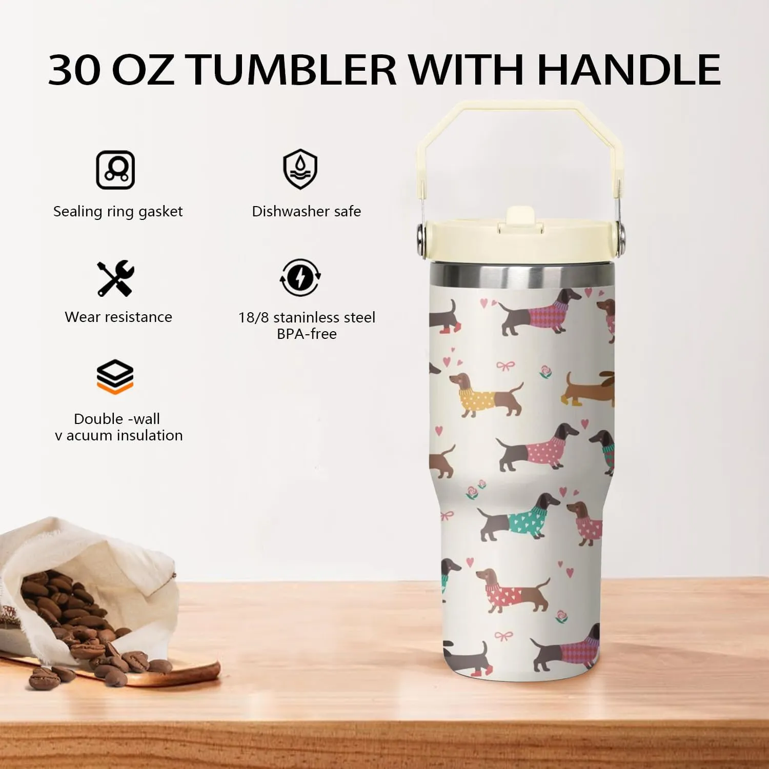 30 oz Dachshund Tumbler with Lid and Straw, Dachshund Coffee Mug, Dog Gifts