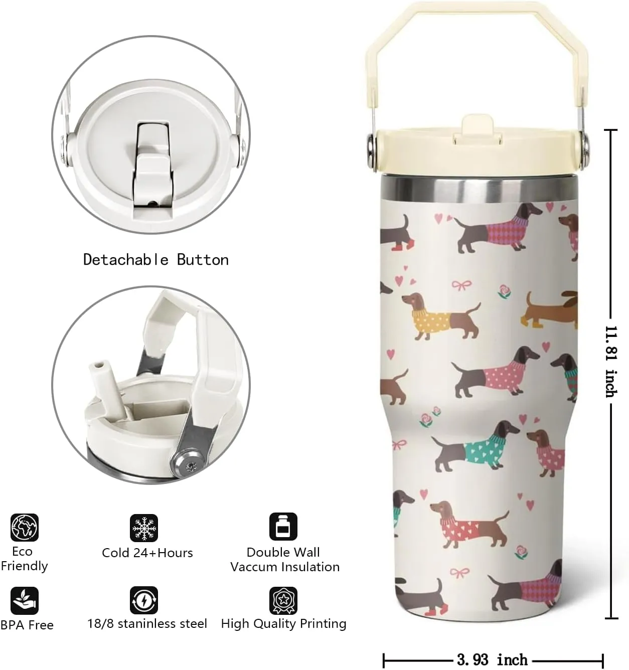 30 oz Dachshund Tumbler with Lid and Straw, Dachshund Coffee Mug, Dog Gifts