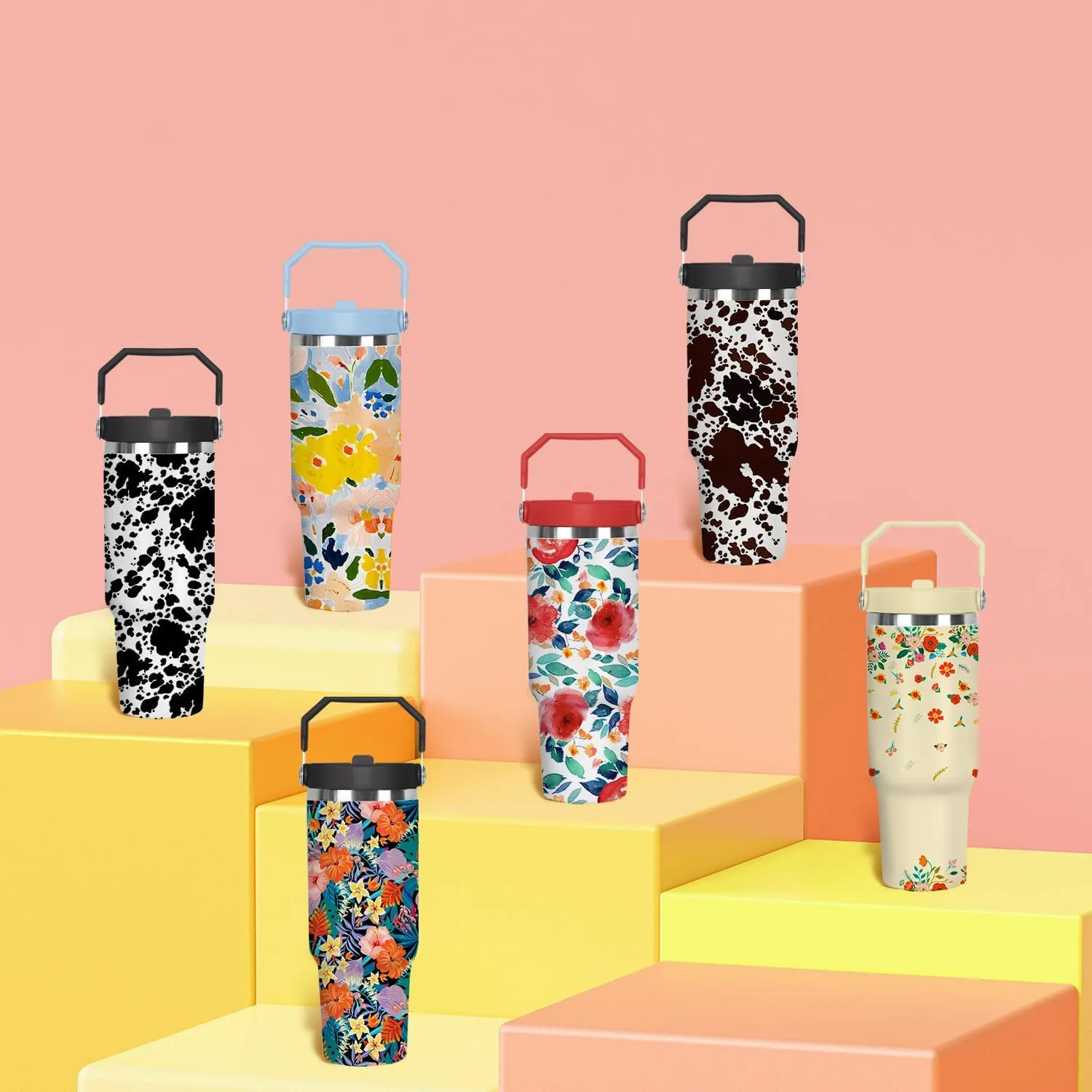 30 Oz Floral Stainless Steel Insulated Top Tumbler with Handle and Straw Lid Leak Proof, Coffee Travel Iced Cup Mug for Women, Mothers Day Birthday Christmas Gifts for Women Mom Girl Friend Wife