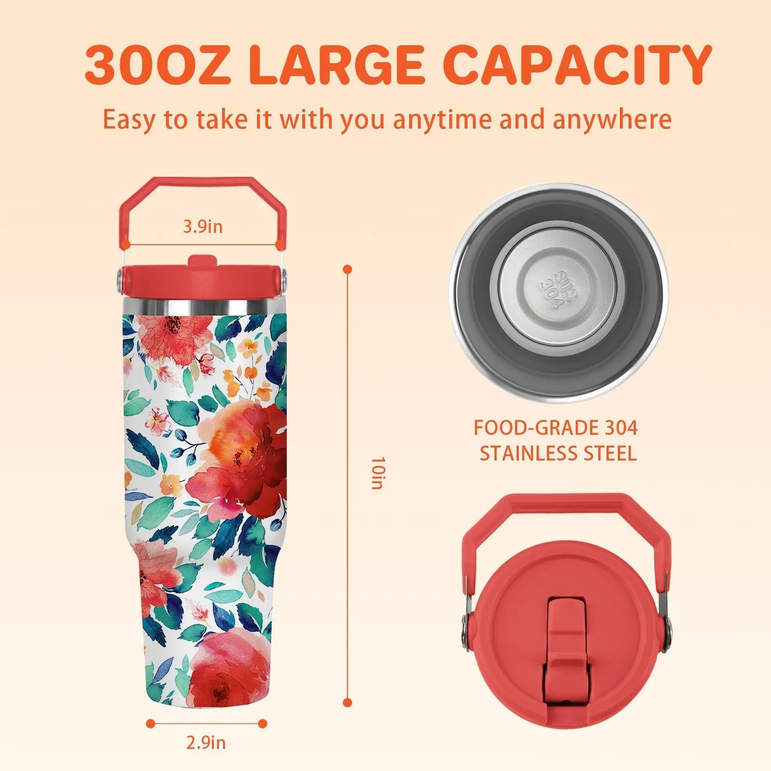 30 Oz Floral Stainless Steel Insulated Top Tumbler with Handle and Straw Lid Leak Proof, Coffee Travel Iced Cup Mug for Women, Mothers Day Birthday Christmas Gifts for Women Mom Girl Friend Wife