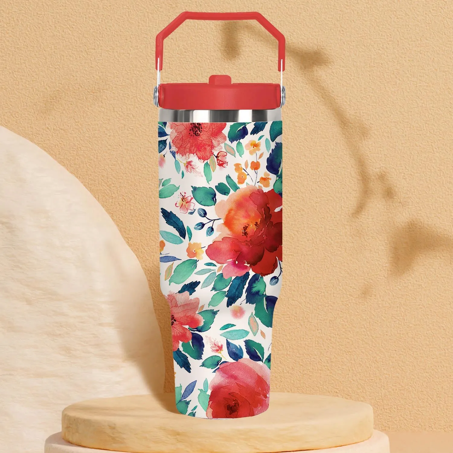 30 Oz Floral Stainless Steel Insulated Top Tumbler with Handle and Straw Lid Leak Proof, Coffee Travel Iced Cup Mug for Women, Mothers Day Birthday Christmas Gifts for Women Mom Girl Friend Wife