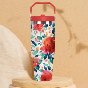 30 Oz Floral Stainless Steel Insulated Top Tumbler with Handle and Straw Lid Leak Proof, Coffee Travel Iced Cup Mug for Women, Mothers Day Birthday Christmas Gifts for Women Mom Girl Friend Wife