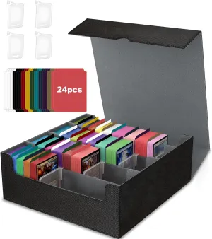 3000  Trading Card Storage Box, 4 Rows MTG Deck Box, PU Leather Commander Card Deck Case With 24 Pcs Colorful Dividers & 4 Cards Supporters for Magic Game/YuGiOh/TCG/PTG/Sport Cards, Black Gray